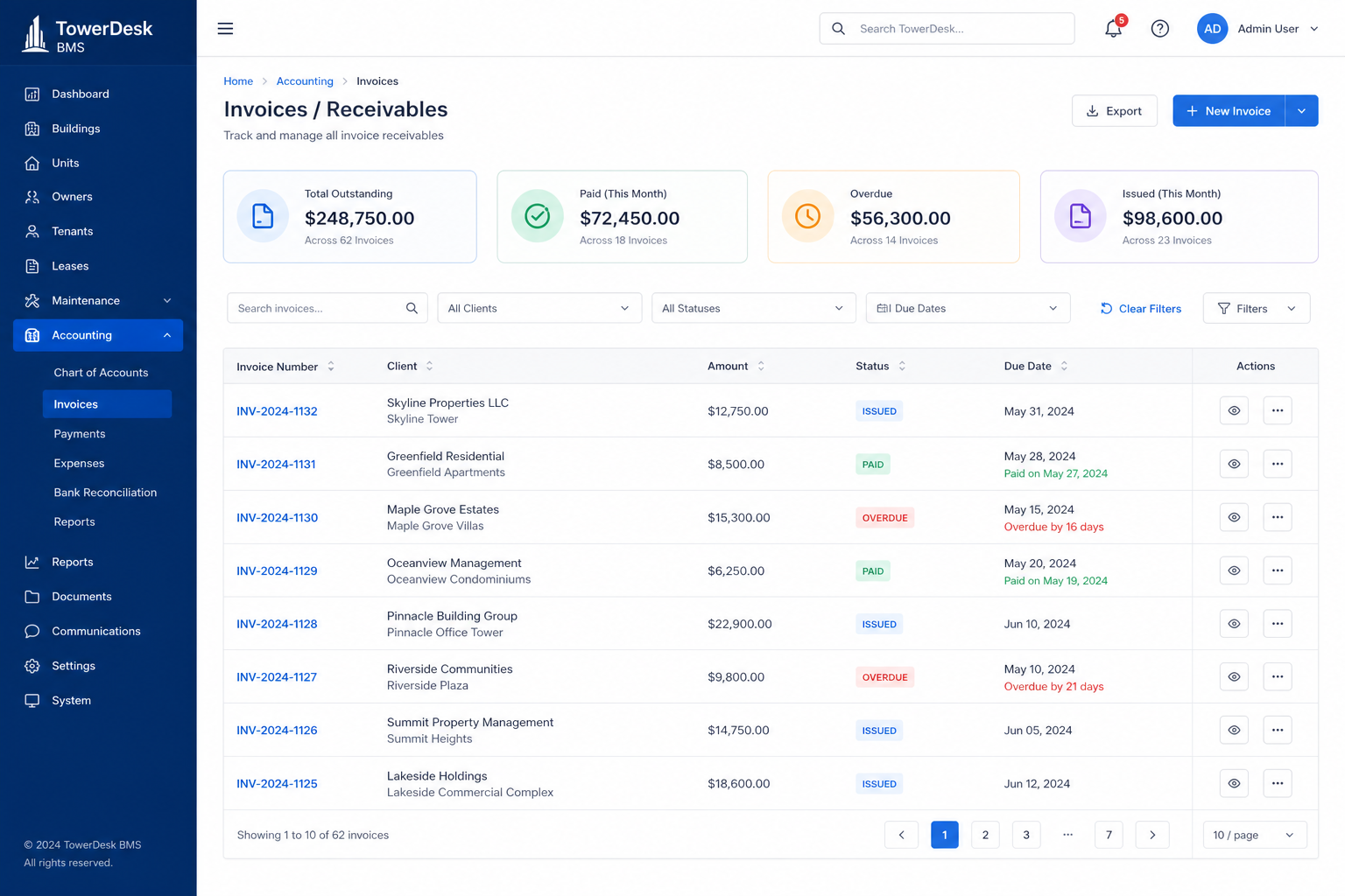 TowerDesk invoices list